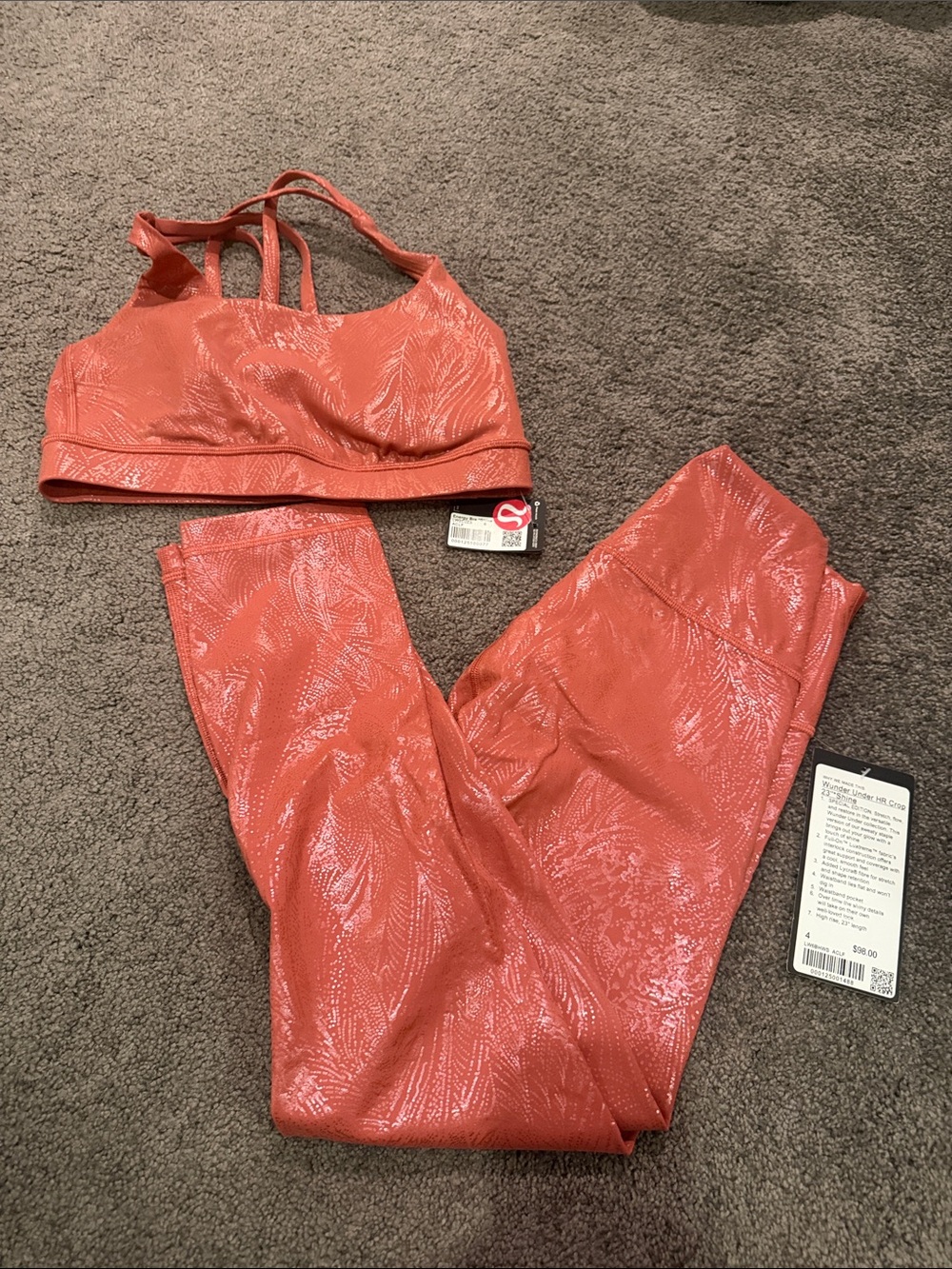 Dark Coral Textured Athletic Set - Sports Bra & Leggings Lululemon